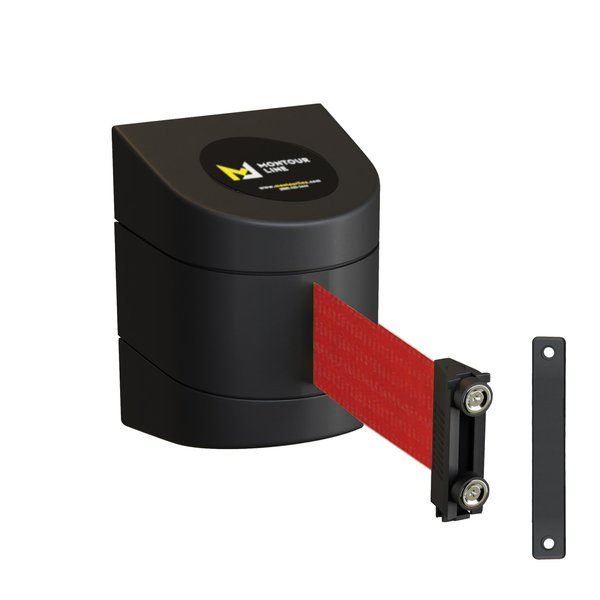 Montour Line Retractable Belt Barrier, Wall Mount, Black Case Magnetic 20 ft. Red Belt WMX160-BK-RD-M-M-200